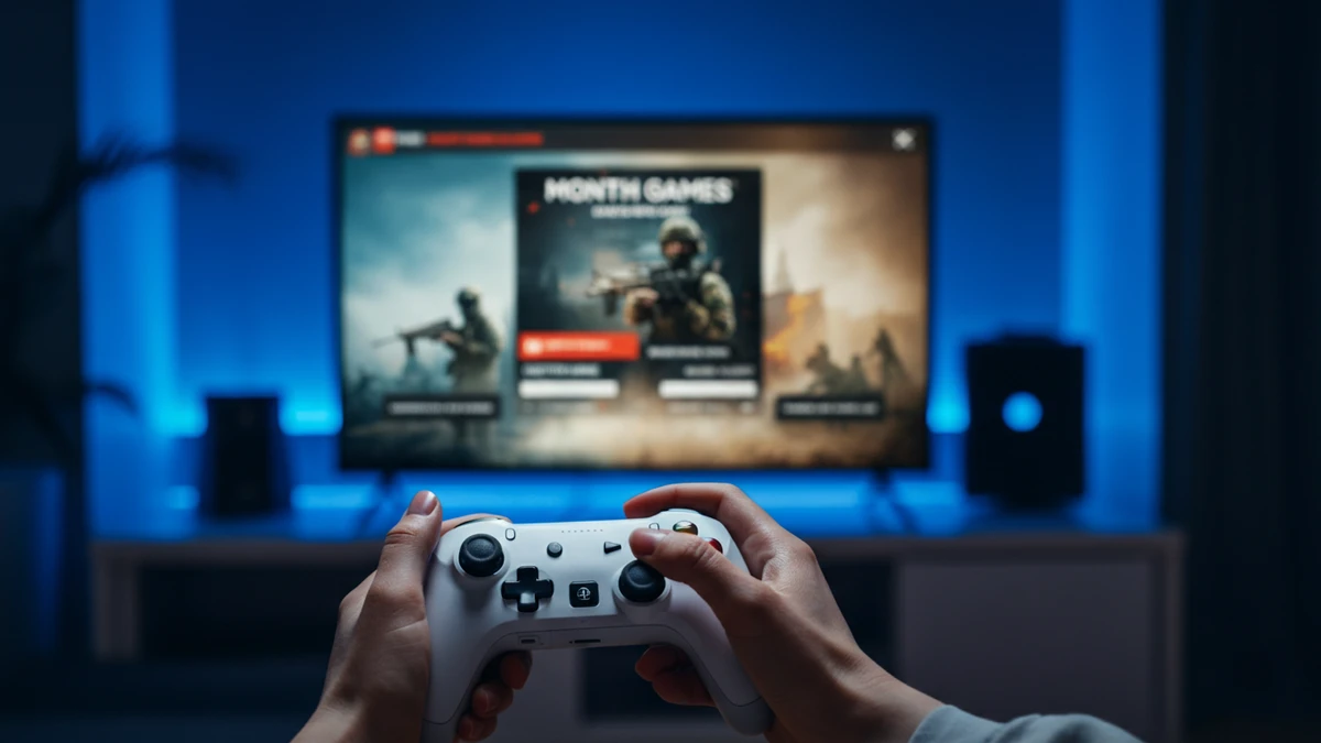 Hands holding a white video game controller in a dimly lit room with a TV showing a digital game store in the background.