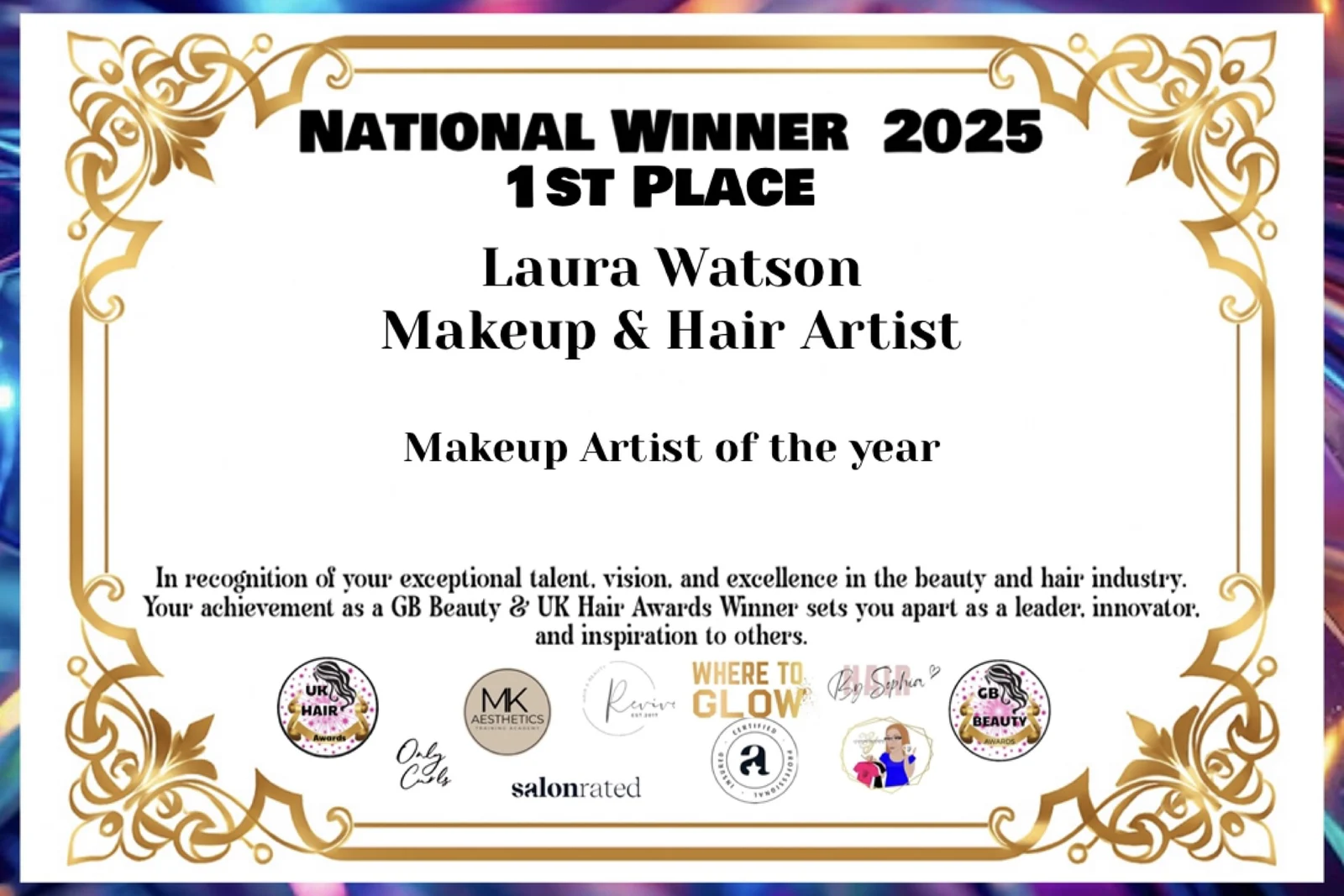 Laura Watson &mdash; GB Beauty & UK Hair Awards national winner certificate