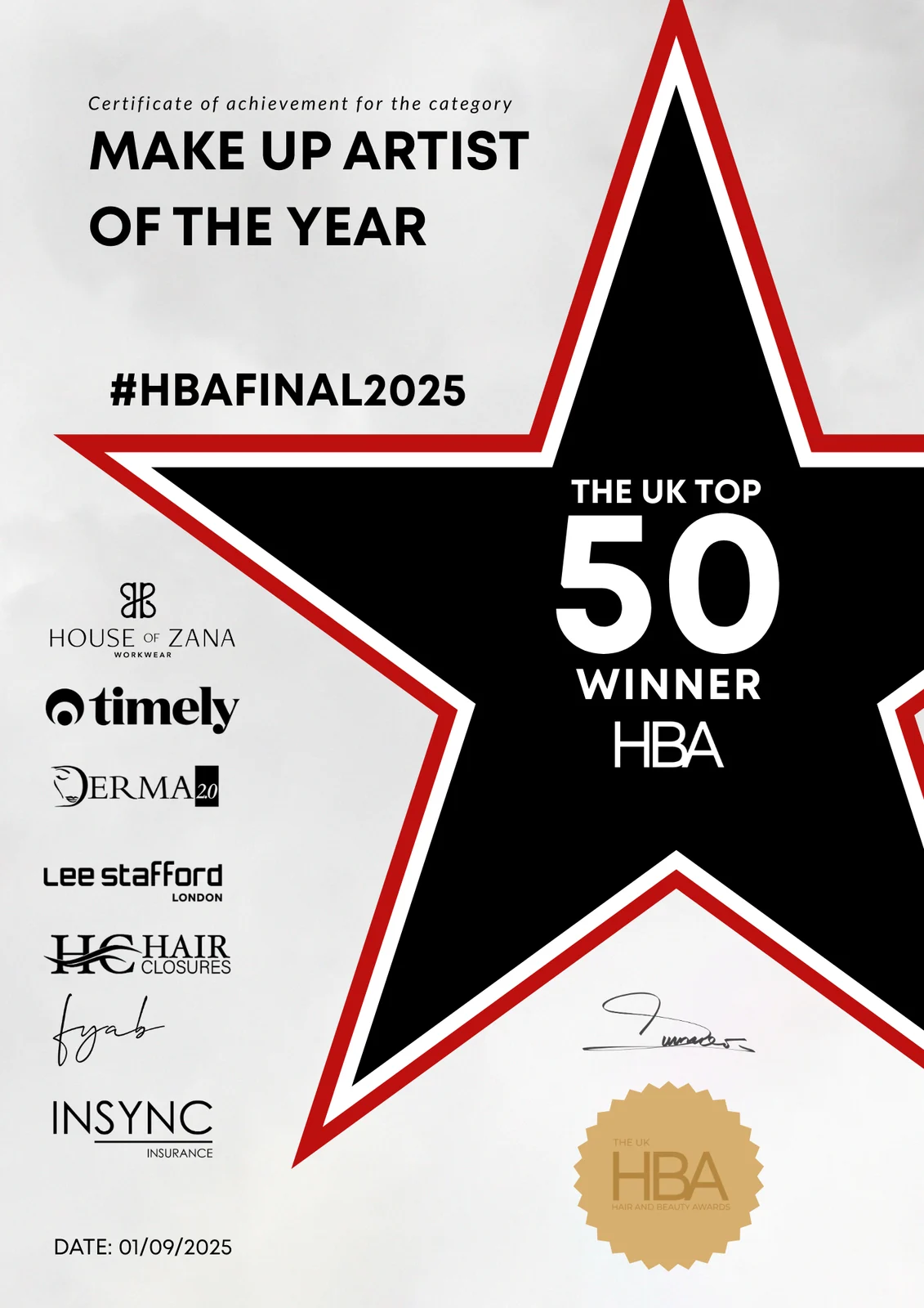 Laura Watson &mdash; HBA UK Top 50 Make Up Artist of the Year certificate