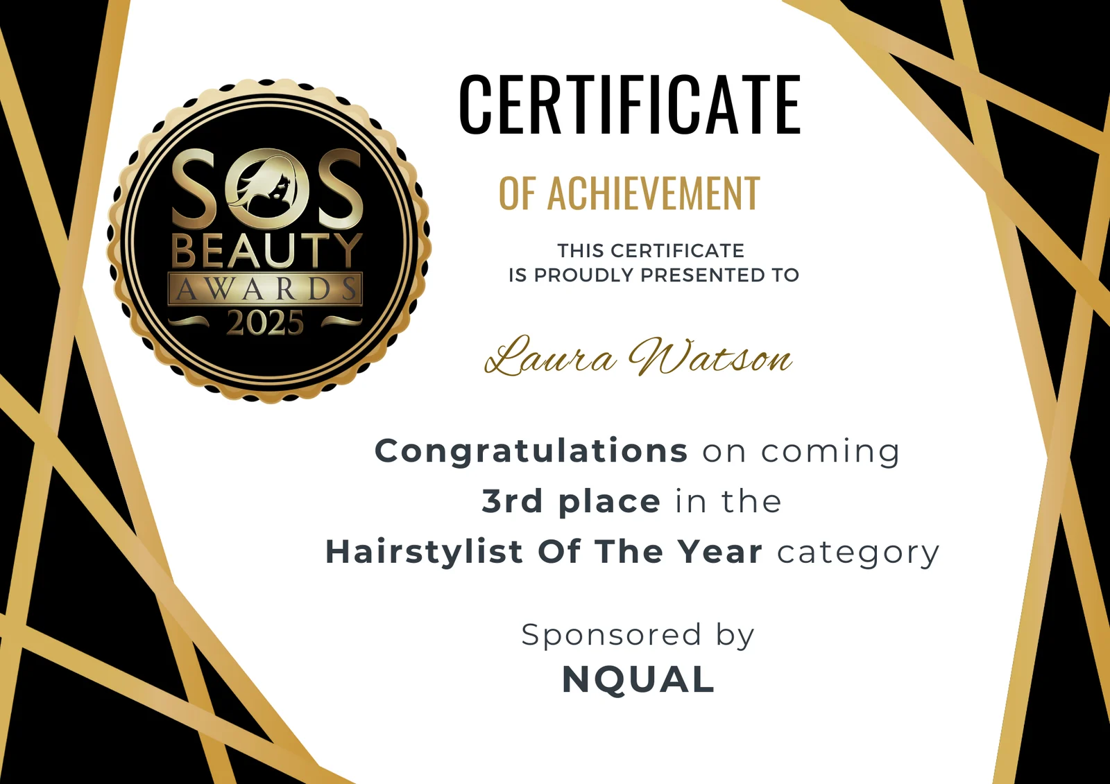 Laura Watson &mdash; SOS Beauty Awards Hairstylist of the Year certificate